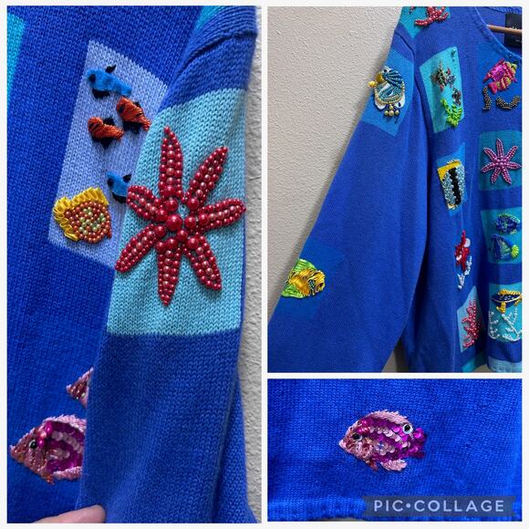 VTG Michael Simon y2k Ocean Aquarium Wearable Art Cardigan Sweater 2X Blue Fish - Picture 11 of 13
